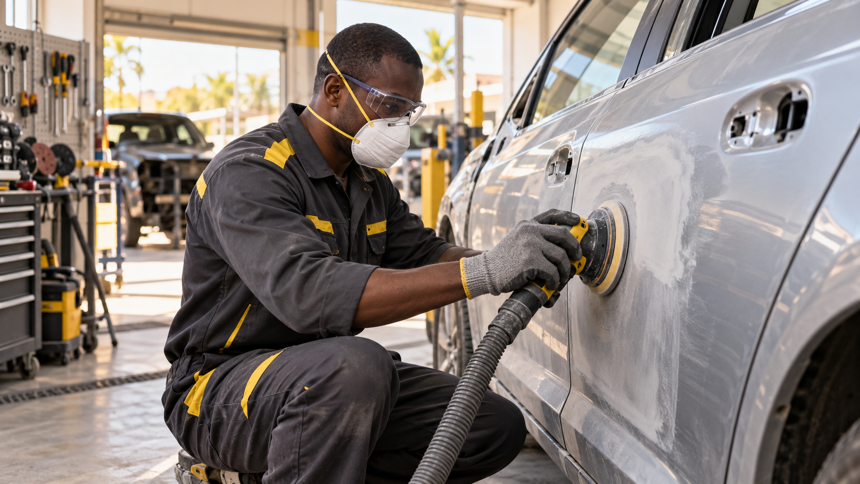 Illustration d’un technicien protégé préparant la carrosserie d’un véhicule